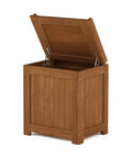 Outdoor Hardwood Storage Box With Slatted Vent Design For Drainage Raised Base Keeps Contents Dry Weather Resistant Porch Chest For Cushions Tools And Toys In Natural Finish, front view with lid open.