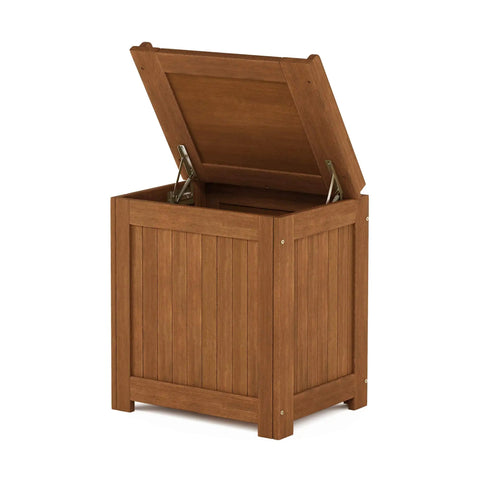 Outdoor Hardwood Storage Box With Slatted Vent Design For Drainage Raised Base Keeps Contents Dry Weather Resistant Porch Chest For Cushions Tools And Toys In Natural Finish, front view with lid open.