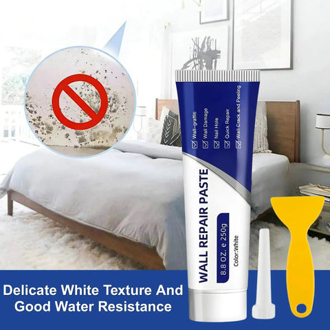 Efficient Drywall Repair Kit With Scraper And Nozzle Extenders Two 250g Wall Repair Paste Tubes Sandpaper And Hole Filling Tools For Quick Crack And Hole Repair At Home shown with accessories on bed