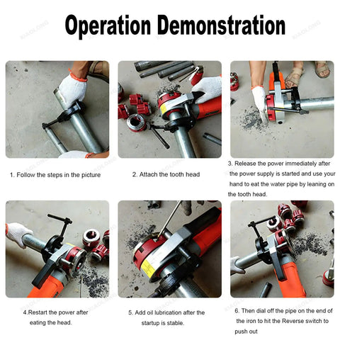 Operation demonstration of Heavy Duty Electric Pipe Threader Featuring All Copper Motor And Six Quick Change Heads for precise threading.