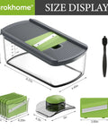 Ourokhome 6-in-1 mandoline slicer, gray with green accessories; front view showing blades, tray, and brush