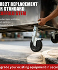 Heavy Duty 5 Inch Scaffold Rollaway Casters 4 Pack With Dual Brakes shown being attached to a utility cart for smooth rolling.