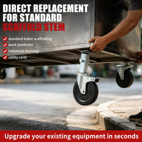 Heavy Duty 5 Inch Scaffold Rollaway Casters 4 Pack With Dual Brakes shown being attached to a utility cart for smooth rolling.