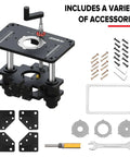 Top Shelf Heavy Duty Aluminum Router Lift System With Slick Micro Fine Adjustment Plates For One Sixty Fourth Inch Precision control, includes accessories.