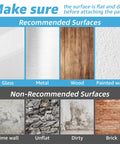 Image of recommended and non-recommended surfaces for use with 16 Set Pack Hook And Loop Tape Sticky Back 1 In By 4 In Double Sided Adhesive Strip Heavy Duty Nylon Bonding For Home Decor And Office Organization Versatile Reusable Fastening With Long Lasting Strong Hold.
