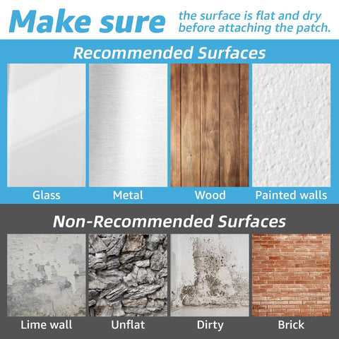 Image of recommended and non-recommended surfaces for use with 16 Set Pack Hook And Loop Tape Sticky Back 1 In By 4 In Double Sided Adhesive Strip Heavy Duty Nylon Bonding For Home Decor And Office Organization Versatile Reusable Fastening With Long Lasting Strong Hold.