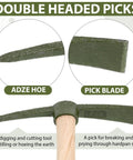 Eight Piece 14 Inch Heavy Duty Forged Garden Pick Axe Set With Non Slip Handles showing dual-head adze hoe and pick blade design.
