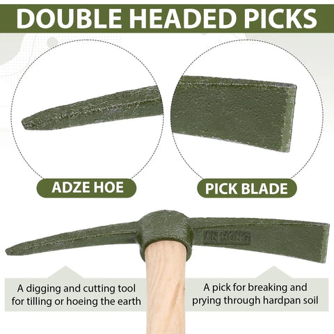 Eight Piece 14 Inch Heavy Duty Forged Garden Pick Axe Set With Non Slip Handles showing dual-head adze hoe and pick blade design.