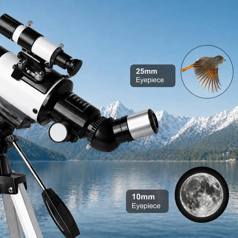 Kid Friendly Portable Refractor Telescope For Kids And Adults With 70mm Aperture And 500mm Focal Length, eyepiece options visible.