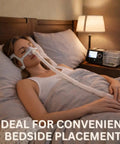 Person using corrugated flexible air tubing for Luna G3 devices, setup for sleep, lightweight ribbed hose with bedside unit