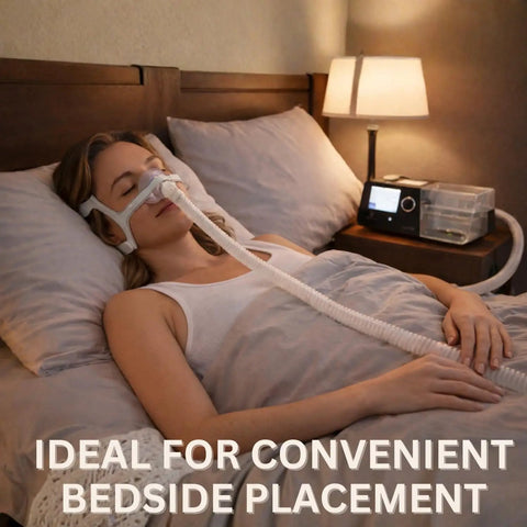 Person using corrugated flexible air tubing for Luna G3 devices, setup for sleep, lightweight ribbed hose with bedside unit