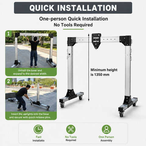 Portable Adjustable Aluminum Gantry Crane with 2 Ton Chain Hoist Built Tough for No Sweat Shop Lifting and Garage Beast Heavy Duty Work Ready to Roll Anytime, showing quick one-person installation steps.