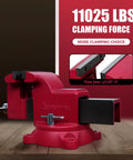 Beast Mode 8 Inch Bench Vise Boasting 360 Degree Swivel Base And 4 Inch Throat Depth Delivers Insane 11025 Lbs Of Clamping Power With Ductile Iron Build Plus Huge 8 Inch Jaw Opening perfect for grip tough jobs in garage or workshop like a boss.