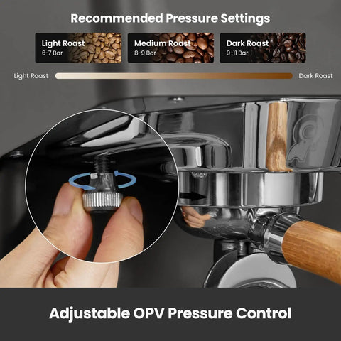 Adjustable OPV pressure control knob on Pro Grade 15 Bar Espresso Machine With Adjustable Pressure And Auto Milk Frother Dual PID Temp Control 550ml Boiler And 57oz Tank Stainless Steel Home Coffee Maker For Cappuccino And Latte.