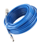 Badass Heavy Duty PU Air Compressor Hose Sixty Five Foot High Pressure Pneumatic Tubing coiled with metal connectors for garage use.