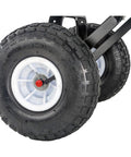 Close-up of 10-inch pneumatic wheels on Beefy Heavy Duty Wagon With 14 By 32 Inch Steel Box, 10 Inch Pneumatic Wheels, High Wooden Sides