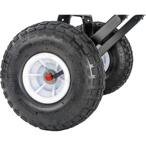 Close-up of 10-inch pneumatic wheels on Beefy Heavy Duty Wagon With 14 By 32 Inch Steel Box, 10 Inch Pneumatic Wheels, High Wooden Sides