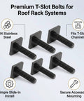 No Drill Install Heavy Duty Four Square Head T Slot Bolt Adapters For Roof Rack Crossbars Smooth Slide Fit Durable Hardware Kit set of six 304 stainless steel bolts.