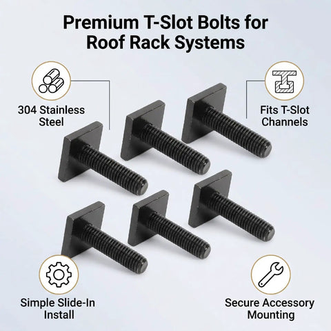 No Drill Install Heavy Duty Four Square Head T Slot Bolt Adapters For Roof Rack Crossbars Smooth Slide Fit Durable Hardware Kit set of six 304 stainless steel bolts.