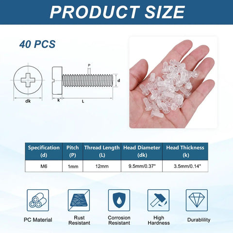 Hand holding Clear Acrylic Screws M6 x 12mm Round Head Phillips Bolts with specs for Machine Accessories and DIY Projects.