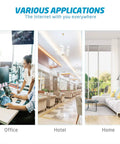 Image showing various applications of internet: office setting with computers, hotel lobby with seating, and home living room with sofa.