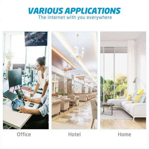 Image showing various applications of internet: office setting with computers, hotel lobby with seating, and home living room with sofa.