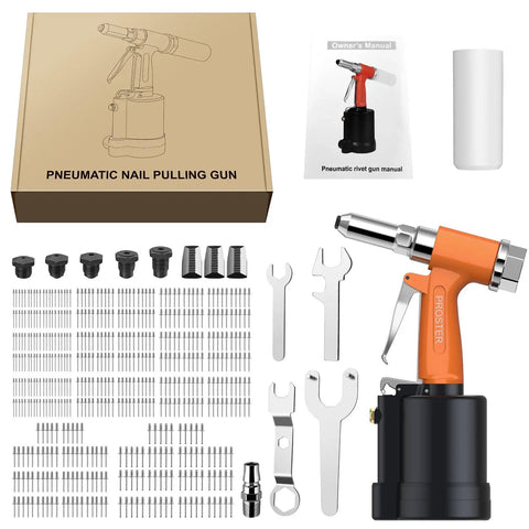 Heavy Duty Pneumatic Rivet Gun Kit With 500 Pop Rivets And Five Swappable Nosepieces Hella Strong For Fast Metal Joining Garage Builds And Custom Rod Projects Looking Tight displayed with accessories and manual.