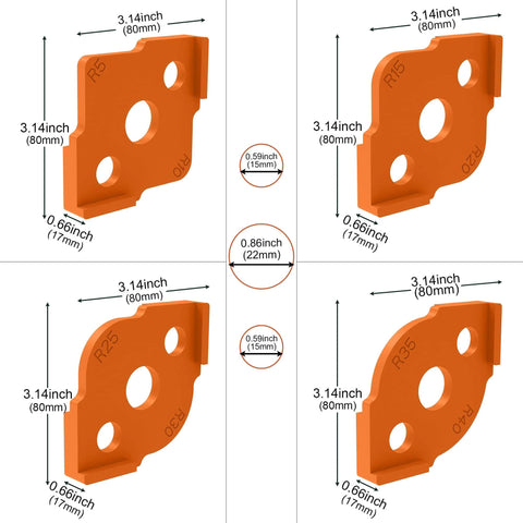Corner Radius Router Templates Set With Eight Radius Options R5 R10 R15 R20 R25 R30 R35 R40 For Pro Grade Precise Woodworking ABSCNC High Hardness Glue Construction Routed Rounded Corners Templates Four Pack Set in orange