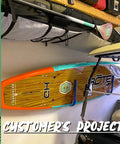 Wall Mounted Snowboard Surfboard Rack Set Vertical Wall Hanger Show off your Setup for Sup Kite Wake Longboard thick board storage with paddle.