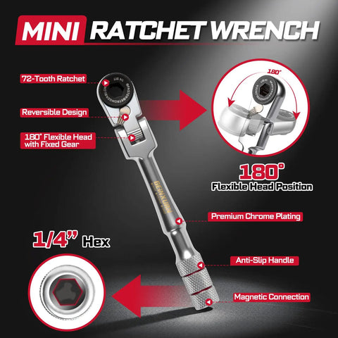 60 Piece Pivoting Flex Head T-Handle Ratchet Wrench Set With 72-Tooth Reversible Ratchet, showing premium features