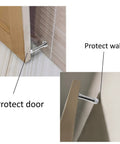 Four Pack Silver Spring Door Stopper Set, Screw In Flexible Steel With White Rubber Tips installed on door and wall