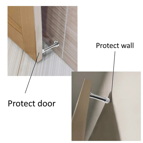Four Pack Silver Spring Door Stopper Set, Screw In Flexible Steel With White Rubber Tips installed on door and wall