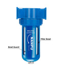 Zinc Alloy Desiccant Air Dryer Inline Filter And Moisture Separator With Poly Bowl 3/8 NPT in blue with filter bowl visible