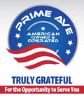 Logo with text 'Prime Ave American Owned & Operated' and American flag graphic, thanking for the opportunity to serve customers.