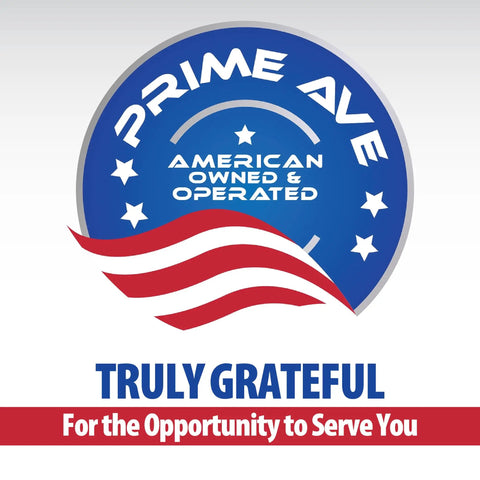 Logo with text 'Prime Ave American Owned & Operated' and American flag graphic, thanking for the opportunity to serve customers.