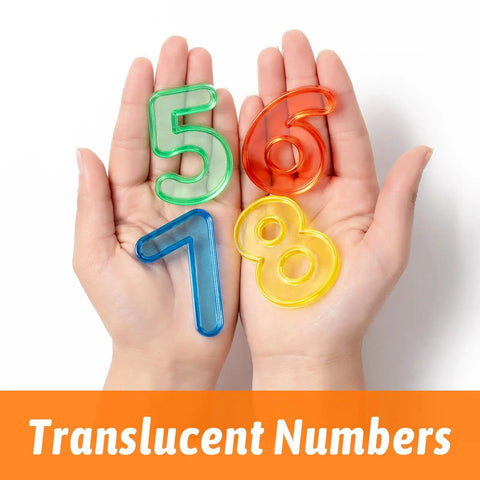 Hands holding bright translucent numbers 5, 6, 1, and 8 from the 48 Pieces Plastic Numbers And Symbols Early Math Set For Light Table Manipulatives In Durable ABS Material With Bright Translucent Colors For Engaging Hands On Learning And Fun.