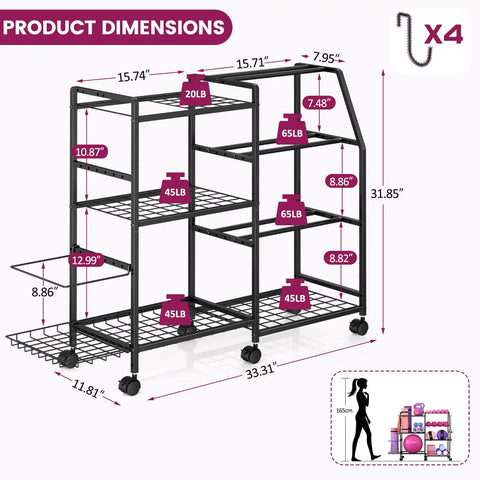 Dimensions of All In One Home Gym Organizer Rack With Wheels And Hooks For Dumbbells, Kettlebells, Yoga Mats, Storage Solutions