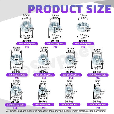Top Shelf Self Clinching Nuts Assortment Kit With 220 Pcs Knurled Rivet Nut Fasteners In M3 M4 M5 Sizes Galvanized Steel Build showing product sizes and dimensions.