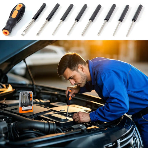 Mechanic using screwdriver set under car hood with Roadside Rescue Kit For Cars With Jumper Cables And Tire Inflator Emergency Auto Kit.