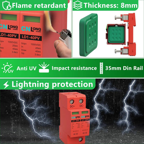 Two Pole 40KA DC Surge Protector For Solar PV And Home Lightning Protection Heavy Duty 1000V Rating 2P Arrester With 35mm DIN Rail Mount Copper Components Fast Acting Shield For RVs Home Electronics And Appliances.