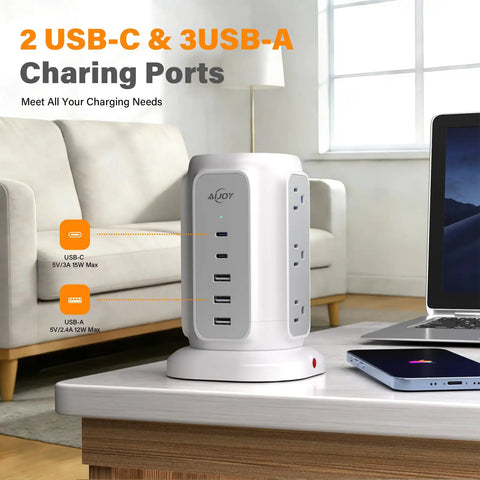 Flat Plug Power Strip Tower With Nine Outlets And Five USB Ports Including Two USB C Ports, 1200J Surge Protection on desk