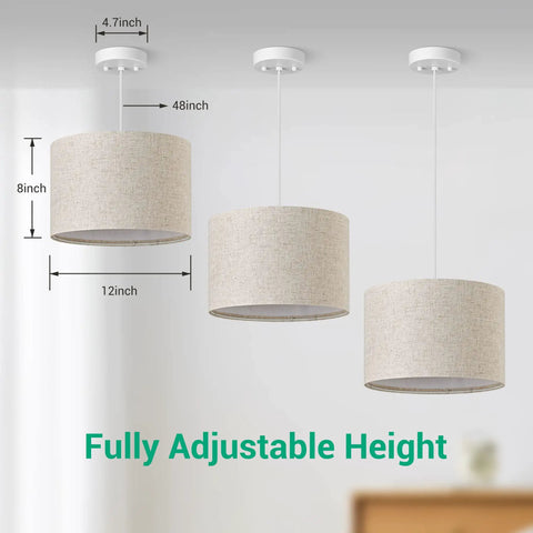 Beige Linen Drum Pendant Light With 48 Inch Adjustable Cord For Kitchen Bedroom Living Room And Kids Room E26 Base Modern Hardware Design UL Safe Cord Easy Height Adjustment