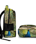 Side and bottom view of Go To Everyday Carry Unisex Peacock Print Backpack with Full Tail Spread Design, large capacity, polyester, zipper closure