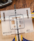Top Shelf Quadrant Hinge Mortise Template Nails Bang On Precision With Smooth As Butter Routing Crystal Clear Acrylic Visibility And No Sweat Prep That Fits Jig It Systems Like A Dream, clear acrylic template in carpentry use.