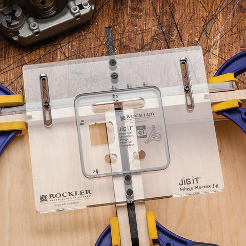 Top Shelf Quadrant Hinge Mortise Template Nails Bang On Precision With Smooth As Butter Routing Crystal Clear Acrylic Visibility And No Sweat Prep That Fits Jig It Systems Like A Dream, clear acrylic template in carpentry use.