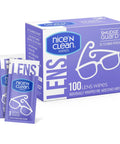 Nice'n Clean lens wipes purple box with 100 individually wrapped, pre-moistened wipes for eyeglasses and camera lenses