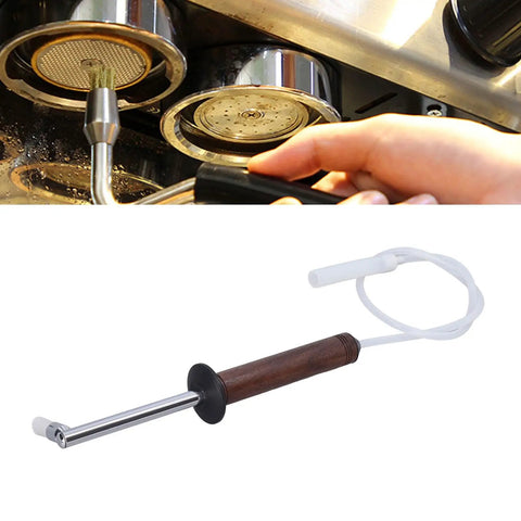 Espresso Machine Cleaning Brush With Detachable Head, High Temp Steam Tool, fast heat dissipation, walnut handle in use