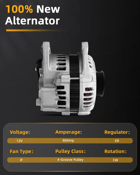 Beefed-Up High Output 12V 80Amp Replacement Alternator With 4-Groove Pulley For Mazda Protege 1997-2003
