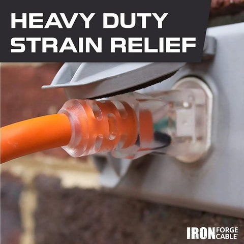 Heavy Duty 50ft Lighted Outdoor Extension Cord With 3 Outlets, 15 Amp 10/3 SJTW, plugged into outdoor socket