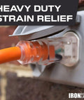 Heavy Duty Lighted Outdoor Extension Cord 50 Ft, 10 Gauge 3 Prong SJTW Weatherproof Power Cable plugged in outlet closeup